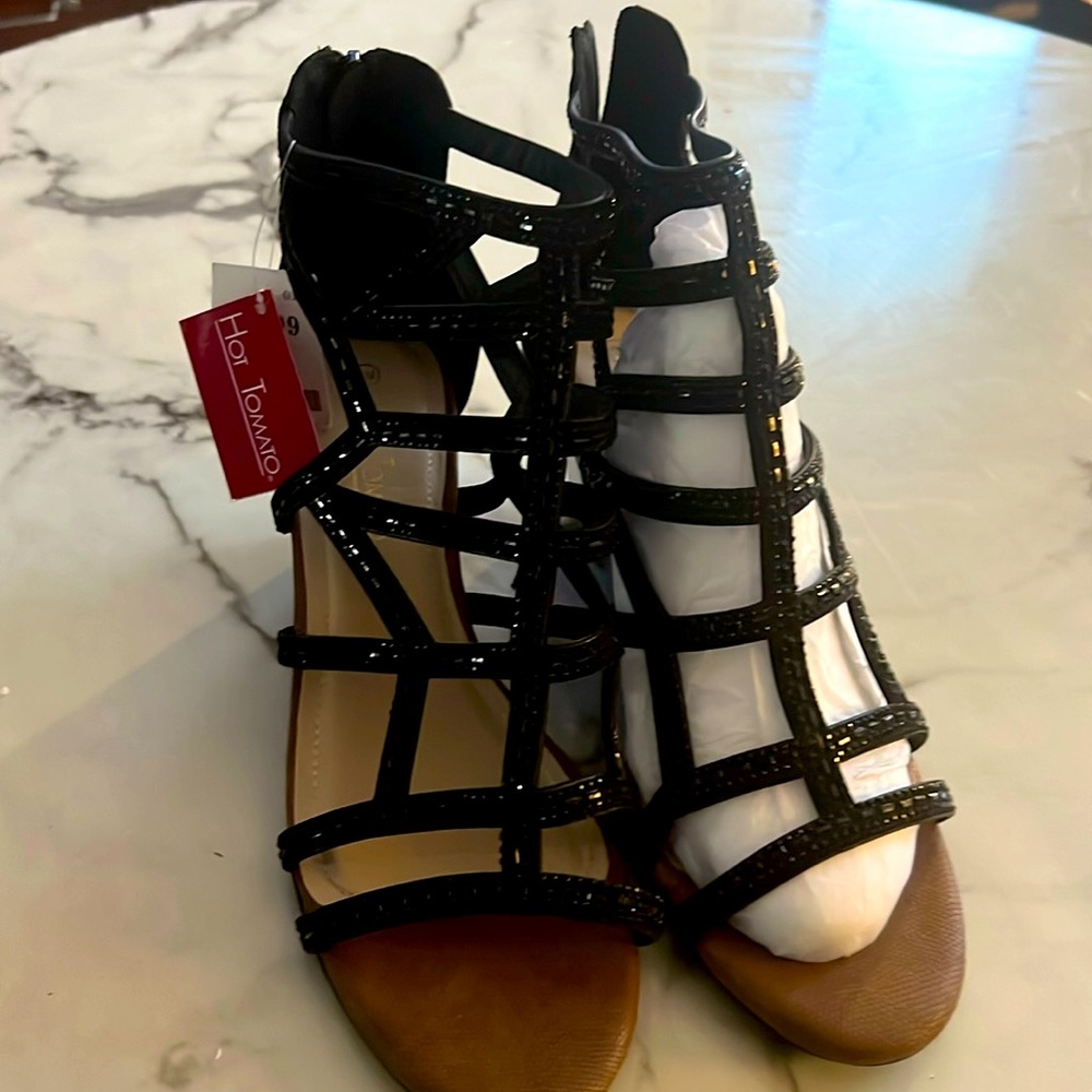 Faux Black Formal Wedge Shoes with black rhinestones